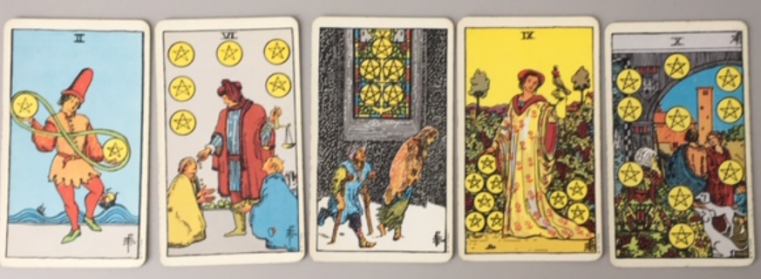 2, 5, 6, 9, 10 van munten uit het Waite Smith Tarot deck