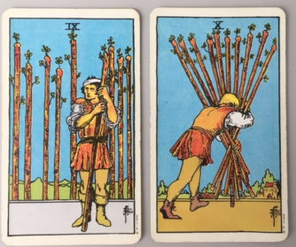 De 9 en de 10 van Staven uit het Waite Smith Tarot deck