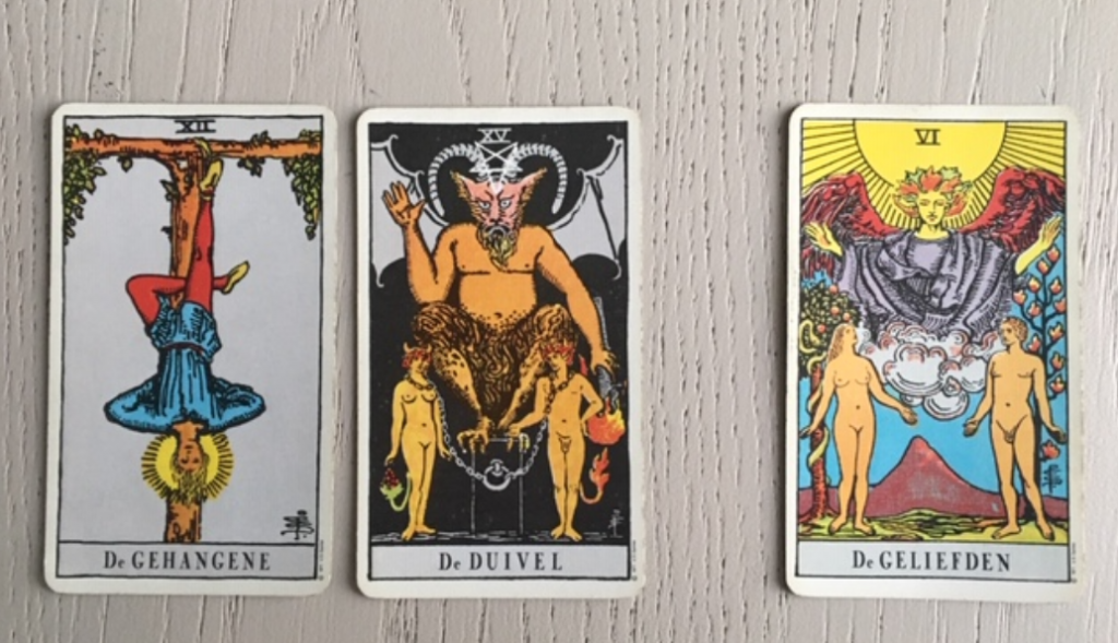 De Gehangene, De Duivel, De Geliefden uit het Waite Tarot Deck